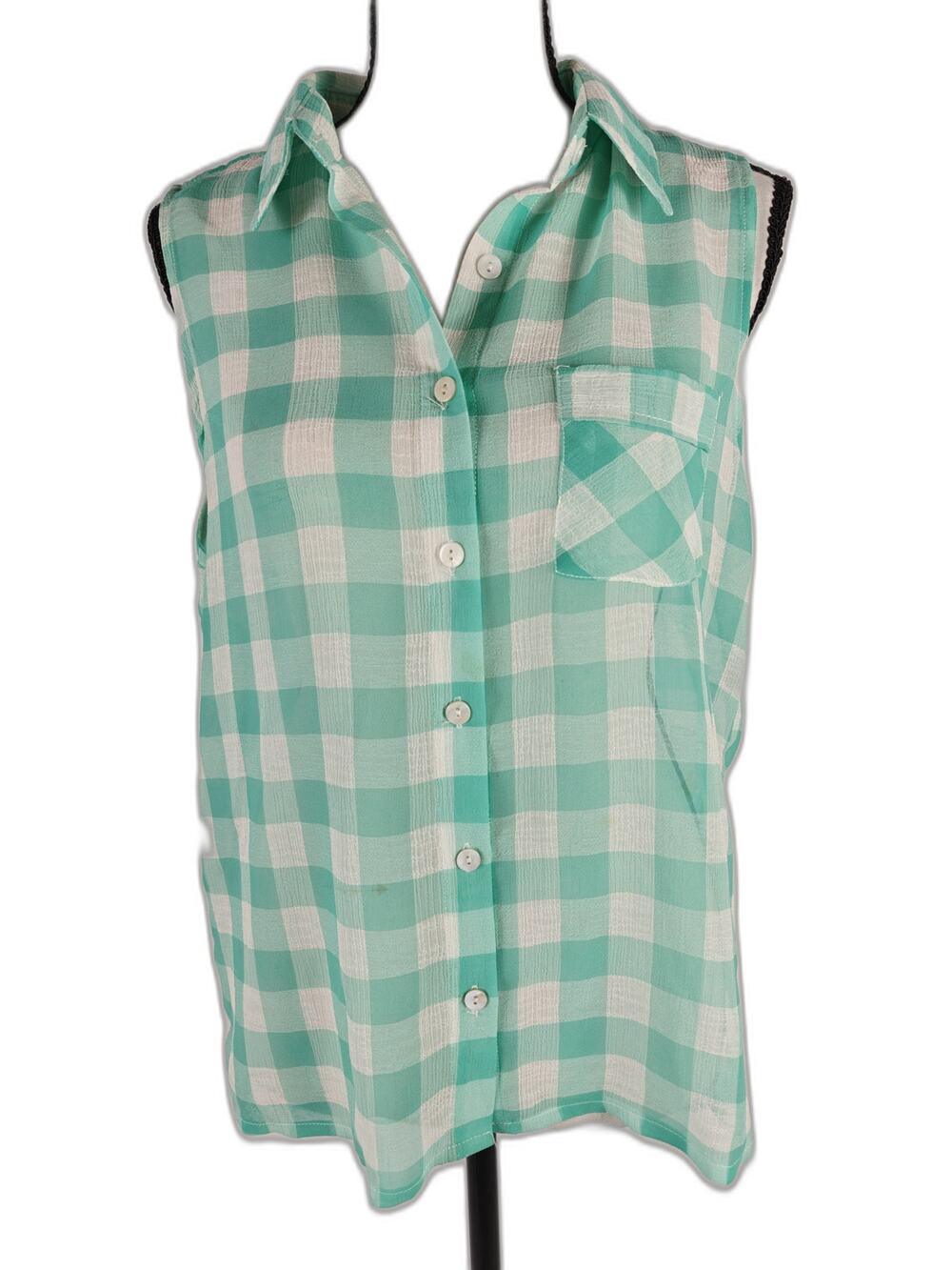 Women's Vintage Havana Sleeveless Plaid Button Front Blouse Mint Green White